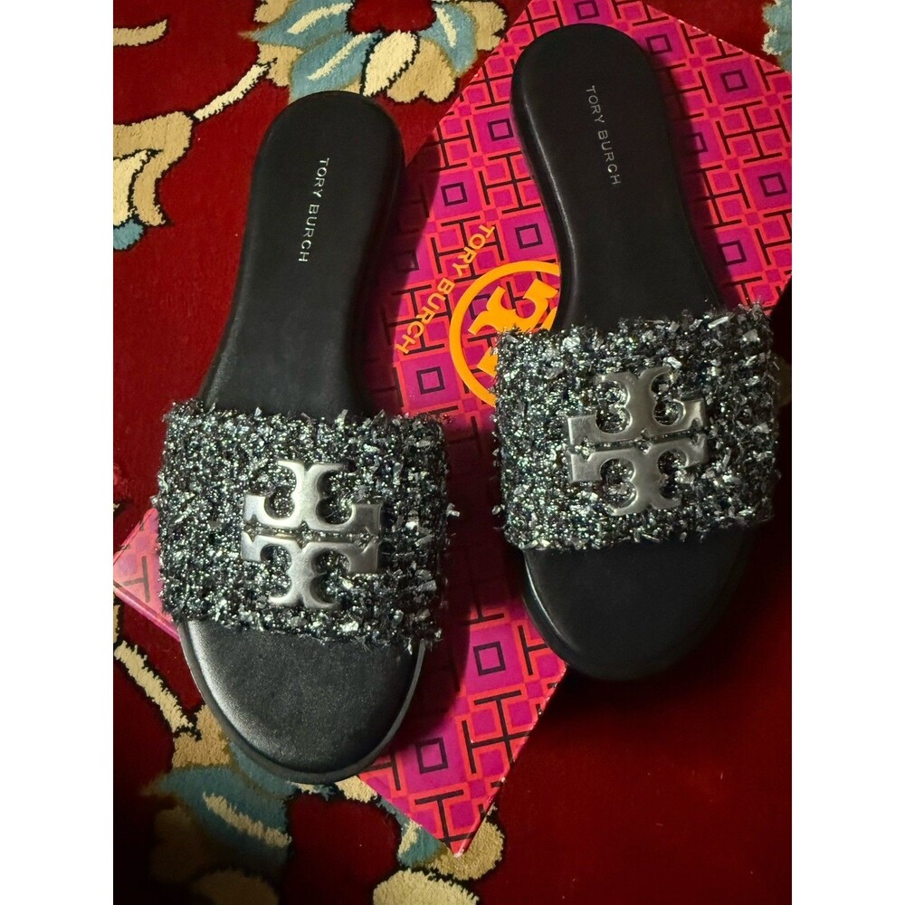 Tory Burch Brand new Every Slide Foil Jute Twill It Black Size:6 $375